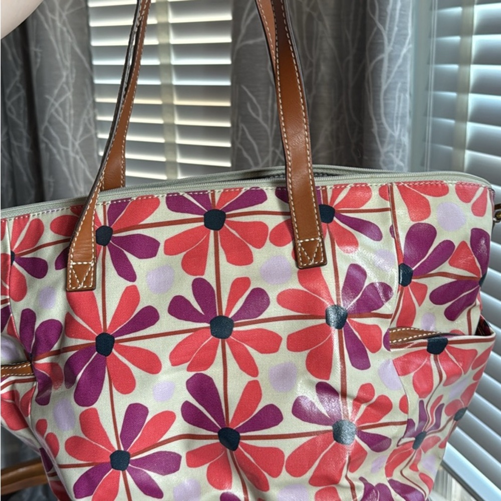Fossil Red/Orange and Purple Floral Tote with Brown Handles